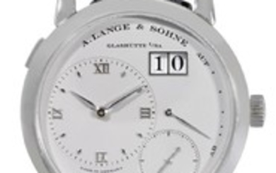 A. LANGE & SÖHNE | A FINE PLATINUM WRISTWATCH WITH OVERSIZED DATE AND POWER RESERVE INDICATION REF. 101.005 MVT 158 CASE 110.205 LANGE 1 CIRCA 1996