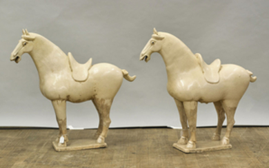 Pair Large Chinese Tang-Style Glazed Pottery Horses
