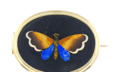 A late Victorian gold pietra dura butterfly brooch. View more details