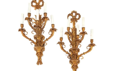 A Pair of Louis XV Style Gilt Bronze Five-Light Sconces