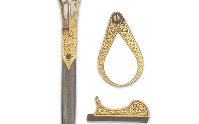 A pair of Ottoman gold-damascened steel Calligrapher's scissors and two other tools