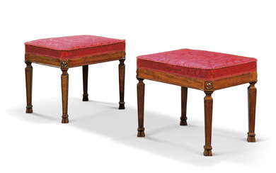 A PAIR OF ROYAL GEORGE III MAHOGANY STOOLS, SUPPLIED UNDER THE DIRECTION OF SIR WILLIAM CHAMBERS OR JOHN YENN, POSSIBLY BY ROBERT CAMPBELL, CIRCA 1780-95