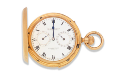 Sir John Bennett Ltd, 65 Cheapside E.C. & 105 Regent St, London. W. An 18K gold keyless wind calendar quarter repeating full hunter pocket watch