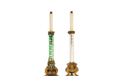 Two similar Victorian gilt bronze mounted mercury glass oil lamp bases