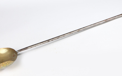 3284230. AN EARLY 18TH CENTURY BRASS AND IRON STRAINING LADLE, ENGLISH, CIRCA 1720-50.