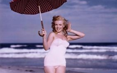 ANDRE DE DIENES (1913-1985): MARILYN MONROE with Polka dot umbrella, Tobay Beach, 1949