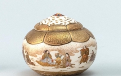 GYOZAN SATSUMA POTTERY COVERED JAR In ovoid form with fine figural design. Signed beneath cover. Height 2.3".