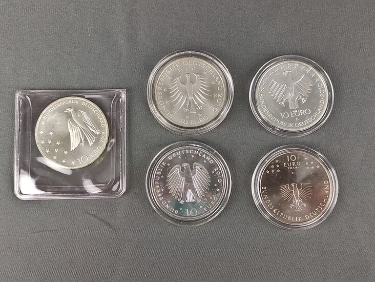 5 silver coins, commemorative, 10 euro each, sterling silver, comprising: 125th birthday of Franz K