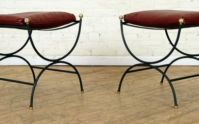 PAIR IRON BRASS STOOLS RECENT LEATHER CUSHIONS