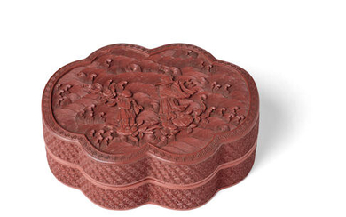 A FINELY CARVED CINNABAR LACQUER 'IMMORTALS' BOX AND COVER