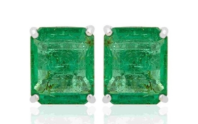 6.41 TCW Emerald Stud Earrings 18K White Gold