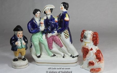 A Staffordshire flatback figure group of Napoleon with two other people; Staffordshire pepper modelled as a man; Staffordshire...