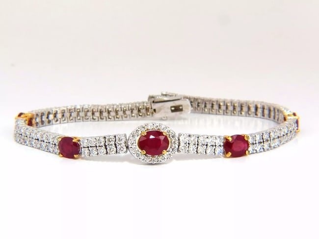 7.34ct natural ruby diamonds bracelet regency deco 14kt double row cluster+