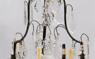 FRENCH IRON AND CRYSTAL 6 LIGHT CHANDELIER