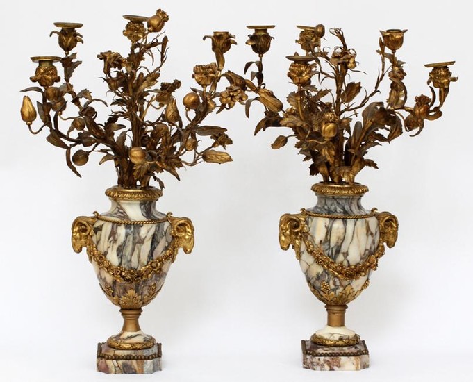 FRENCH BRONZE & MARBLE CANDELABRAS, PAIR