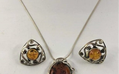 .925 Sterling Silver Amber Pendant Necklace, Earrings