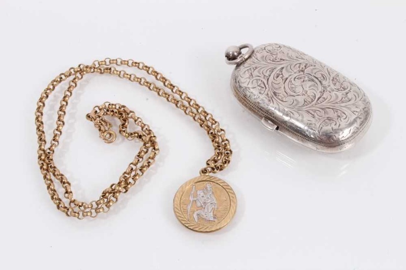 9ct gold St. Christopher pendant on chain together with an Edwardian silver sovereign and half sovereign holder (Birmingham 1906)