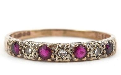 9ct gold diamond and ruby half eternity ring, size T, 2.0g