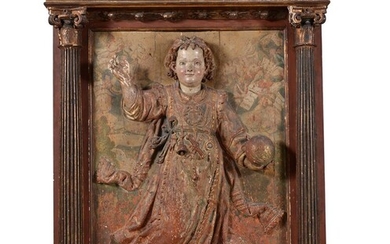 A 17TH CENTURY CARVED, POLYCHROME PAINTED RELIEF PANEL 'SALVATOR MUNDI' - PROBABLY SPANISH