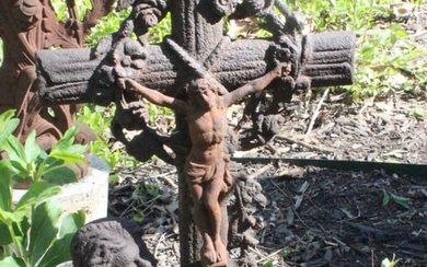 A 19C. CAST IRON CRUCIFIX WITH UNUSUAL ANGEL ATTENDANT