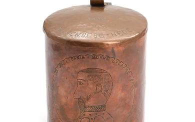 A 19th century copper tankard, engraved with protrait of Daniel Ratzau. H. 20 cm.