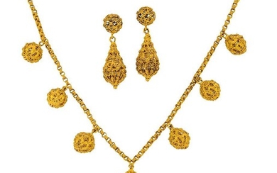 A 19th century gold filigree necklace and earrings, the necklace of reeded belcher-link design, suspending seven spherical filigree bead drops with central pear-shaped drops, length 38.5cm; and a pair of matching drop earrings (3)