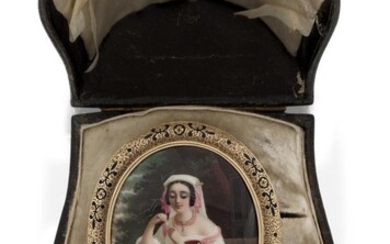 A 19th century gold mounted Swiss enamel brooch, the oval plaque painted to depict a young lady in traditional costume holding a marguerite flower, against a rural background, mounted in gold brooch frame with engraved and black enamel decoration...