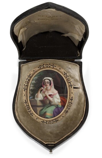 A 19th century gold mounted Swiss enamel brooch, the oval plaque painted to depict a young lady in traditional costume holding a marguerite flower, against a rural background, mounted in gold brooch frame with engraved and black enamel decoration...