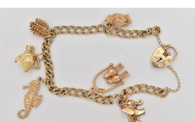A 9CT GOLD CHARM BRACELET, a double curb link bracelet, fitt...