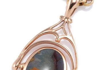 A 9CT GOLD SPINNING FOB NECKLACE; 30mm spinning fob set with an oval agate in rose gold on a 46cm belcher chain, wt. 9.39g.
