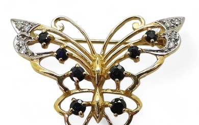 A 9ct gold sapphire and diamond set butterfly brooch, 3.3cm ...