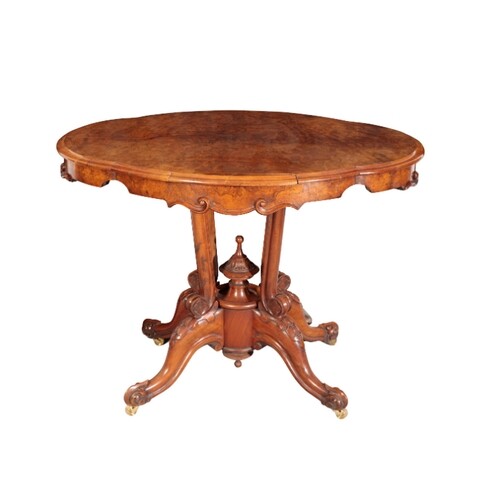 A BURR WALNUT VICTORIAN BREAKFAST TABLE of oval lobed form u...