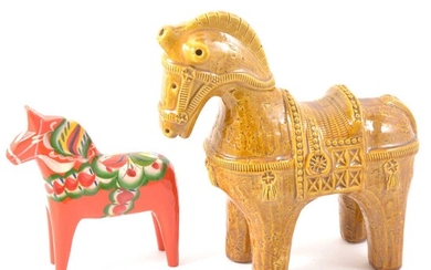 A Bitossi Aldo Londi Tang style horse in mustard glaze, and a Nuils Olsson painted horse