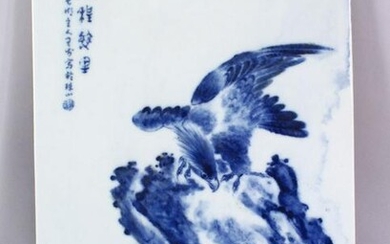 A CHINESE BLUE & WHITE PORCELAIN HAWK TILE / PANEL