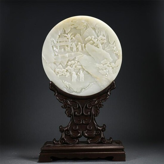 A CHINESE CARVED JADE ROUND TABLE SCREEN