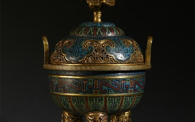A CHINESE CLOISONNE DOUBLE HANDLE TRIPLE FEET LIDDED