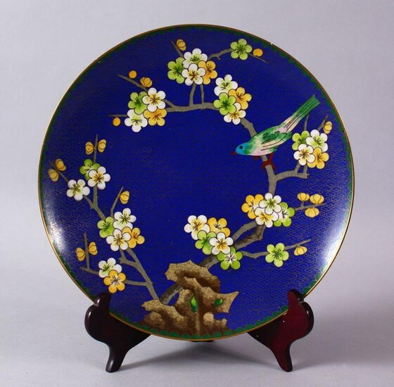 A CHINESE CLOISONNE PLATE & STAND - the dish with a