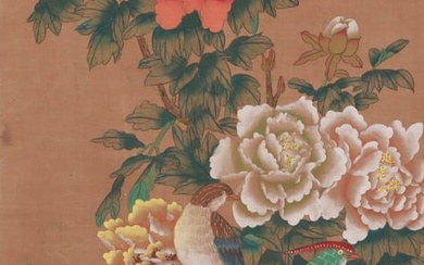 A CHINESE FLOWER AND BIRD PAINTING ON SILK, HANGING SCROLL, SONG MEILING MARK