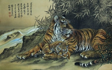 A CHINESE TIGER PAINTING ON SILK, HANGING SCROLL, ZHANG SHANZI MARK