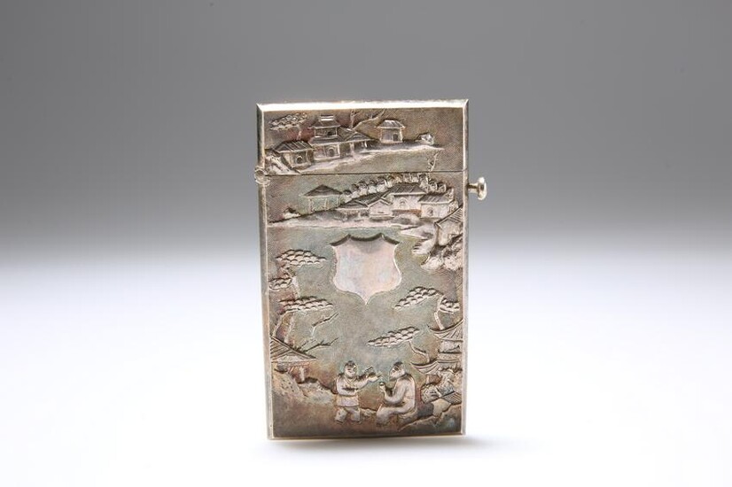 A CHINESE WHITE METAL CARD CASE, rectangular with