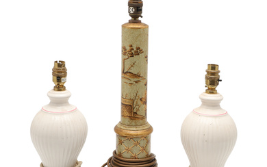 A CHINOISERIE DECORATED COLUMN TABLE LAMP AND TWO OTHERS.