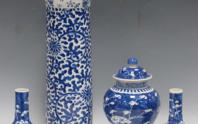 A Chinese blue and white cylindrical vase, 4 character mark, chipped, 36.5cm high; a pair of