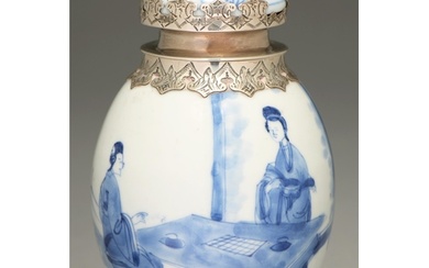 A Chinese blue and white jar, 18th c, ovoid, painted with la...