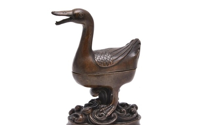 A Chinese bronze duck-form censer and cover