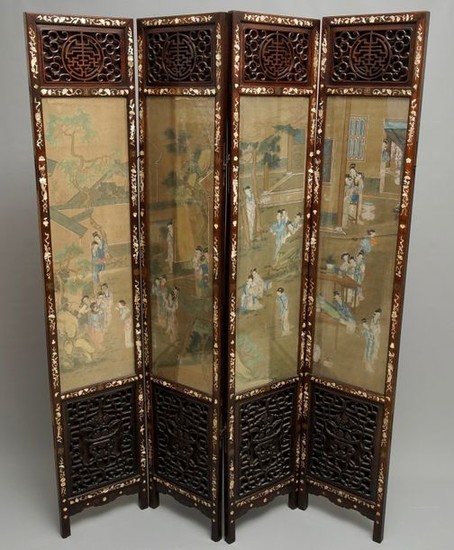 A Chinese mother of pearl inlaid wooden screen wit…