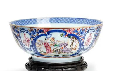 A Chinese underglaze blue and famille rose 'Mandarin pattern' punch bowl Qing...