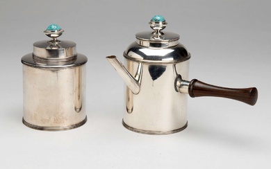 A Dutch silver pot and tea caddy with turquoise finial