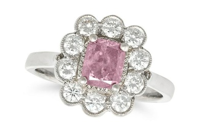 A FANCY INTENSE PURPLISH-PINK AND WHITE DIAMOND CLUSTER RING in platinum, set with a cushion cut ...