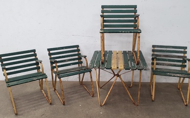 A FIVE PIECE METAL AND WOODEN OUTDOOR SETTING