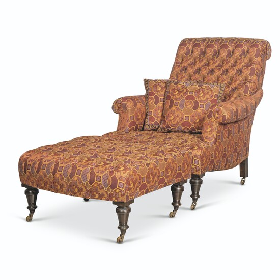 A FRENCH BUTTONED EMBROIDERED-SILK ARMCHAIR AND FOOTSTOOL ENSUITE